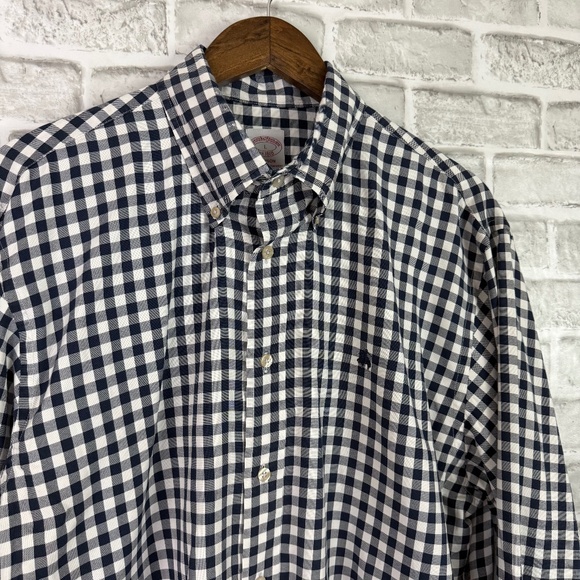 Brooks Brothers Madison Navy Blue Gingham Check Button Down Shirt Men Large FLAW - Picture 1 of 8